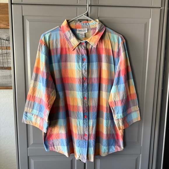 Country Store Sunset-Plaid Cotton Broadcloth Button 3/4 Sleeve Shirt, Multi,XL - Picture 1 of 8